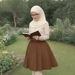 A cartoon woman in a cream hijab and brown skirt studying in a garden, wearing glasses