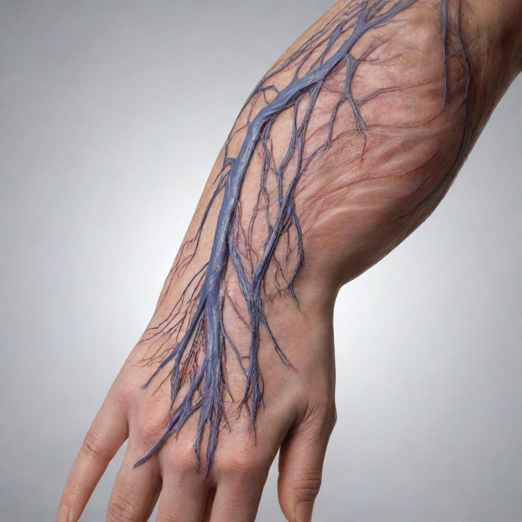 A realistic, detailed image of a human arm showing an intricate network of veins and muscles under skin.