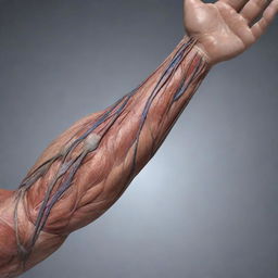 A realistic, detailed image of a human arm showing an intricate network of veins and muscles under skin.