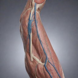 A realistic, detailed image of a human arm showing an intricate network of veins and muscles under skin.