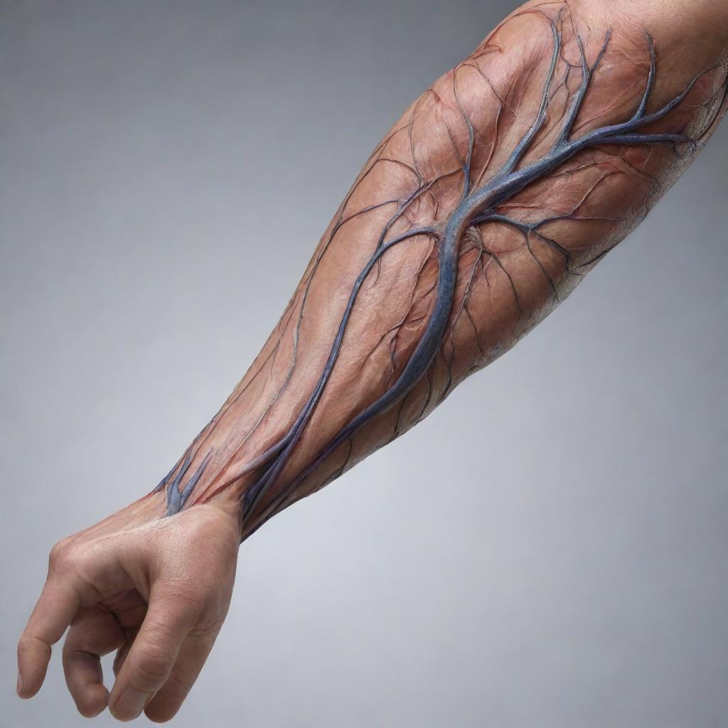 A realistic, detailed image of a human arm showing an intricate network of veins and muscles under skin.