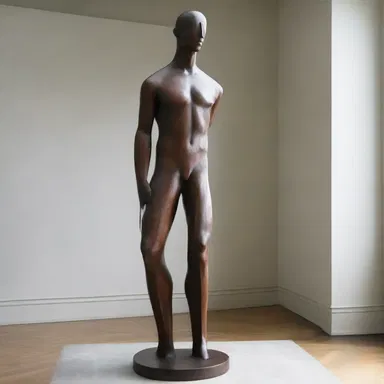 The artist's sculpture of a bodiless figure represents the concept of transcendence.