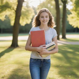 A confident teenage girl standing in a sunlit park, her casual clothing reflecting her vibrant personality, while she's carrying a stack of books under her arm.