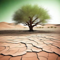 This is a high-quality digital art image depicting a barren desert wasteland with rough, cracked earth and sparse vegetation