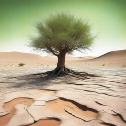 This is a high-quality digital art image depicting a barren desert wasteland with rough, cracked earth and sparse vegetation