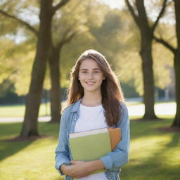 A confident teenage girl standing in a sunlit park, her casual clothing reflecting her vibrant personality, while she's carrying a stack of books under her arm.