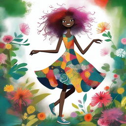 A digital art illustration in ultra-high definition, depicting a tall, skinny young woman with a joyous expression and wild hair