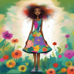 A digital art illustration in ultra-high definition, depicting a tall, skinny young woman with a joyous expression and wild hair