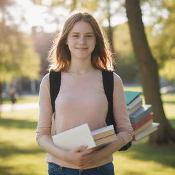 A confident teenage girl standing in a sunlit park, her casual clothing reflecting her vibrant personality, while she's carrying a stack of books under her arm.