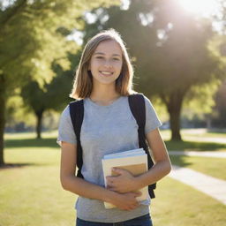 A confident teenage girl standing in a sunlit park, her casual clothing reflecting her vibrant personality, while she's carrying a stack of books under her arm.