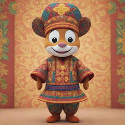 A 2D animation of a lively mascot dressed in traditional Jogjakarta clothing with vibrant colours and intricate patterns.