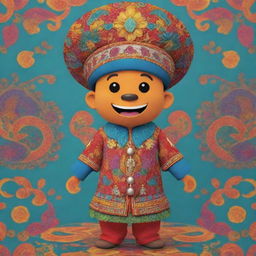 A 2D animation of a lively mascot dressed in traditional Jogjakarta clothing with vibrant colours and intricate patterns.