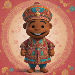 A 2D animation of a lively mascot dressed in traditional Jogjakarta clothing with vibrant colours and intricate patterns.