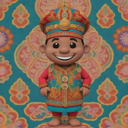 A 2D animation of a lively mascot dressed in traditional Jogjakarta clothing with vibrant colours and intricate patterns.