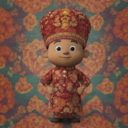 A spirited 2D animation of a mascot wearing traditional Indonesian batik clothing with complex and colorful patterns.