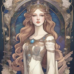 A celestial-inspired, Art Nouveau digital artwork in high resolution, featuring a full-body view of a queen with straight, long golden-brown hair and hazel-blue eyes