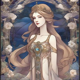 A celestial-inspired, Art Nouveau digital artwork in high resolution, featuring a full-body view of a queen with straight, long golden-brown hair and hazel-blue eyes