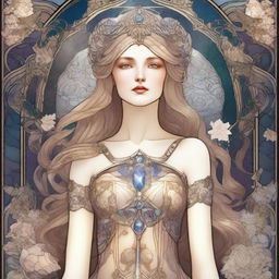 A celestial-inspired, Art Nouveau digital artwork in high resolution, featuring a full-body view of a queen with straight, long golden-brown hair and hazel-blue eyes