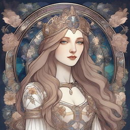 A celestial-inspired, Art Nouveau digital artwork in high resolution, featuring a full-body view of a queen with straight, long golden-brown hair and hazel-blue eyes