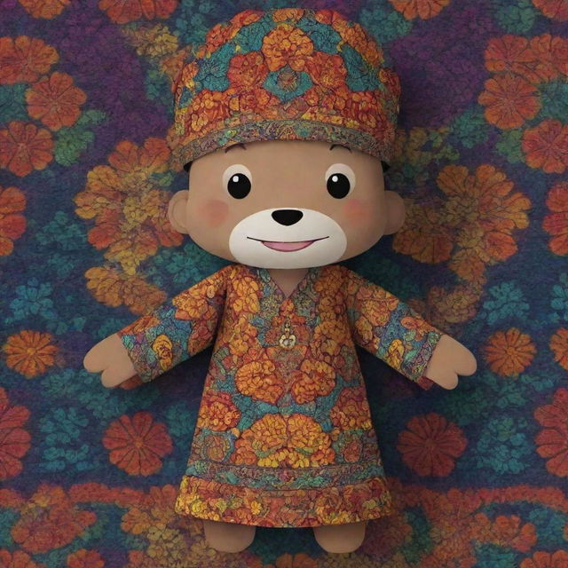 A spirited 2D animation of a mascot wearing traditional Indonesian batik clothing with complex and colorful patterns.