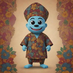 A spirited 2D animation of a mascot wearing traditional Indonesian batik clothing with complex and colorful patterns.