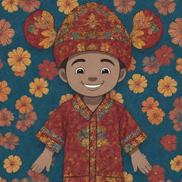 A spirited 2D animation of a mascot wearing traditional Indonesian batik clothing with complex and colorful patterns.