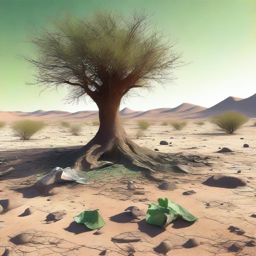 This digital art image vividly portrays a barren desert landscape with rough, cracked ground and sparse vegetation