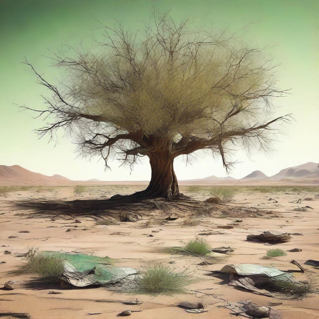 This digital art image vividly portrays a barren desert landscape with rough, cracked ground and sparse vegetation