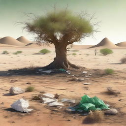 This digital art image vividly portrays a barren desert landscape with rough, cracked ground and sparse vegetation