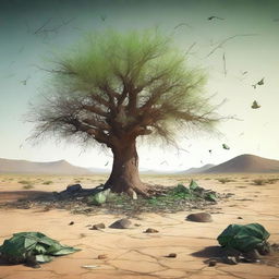 This digital art image vividly portrays a barren desert landscape with rough, cracked ground and sparse vegetation