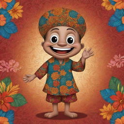 A 2D illustration of a cheerfully animated mascot wearing traditional Indonesian Batik clothing, rich with colourful and intricate patterns.