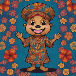 A 2D illustration of a cheerfully animated mascot wearing traditional Indonesian Batik clothing, rich with colourful and intricate patterns.