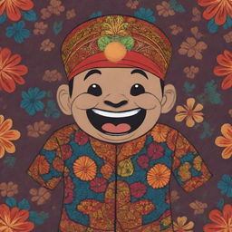 A 2D illustration of a cheerfully animated mascot wearing traditional Indonesian Batik clothing, rich with colourful and intricate patterns.