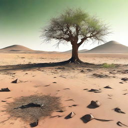 This is a high-quality digital art image showcasing a desolate desert landscape with cracked, barren earth and sparse vegetation