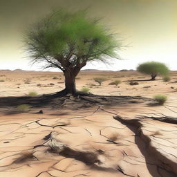 This is a high-quality digital art image showcasing a desolate desert landscape with cracked, barren earth and sparse vegetation