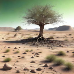 This is a high-quality digital art image showcasing a desolate desert landscape with cracked, barren earth and sparse vegetation