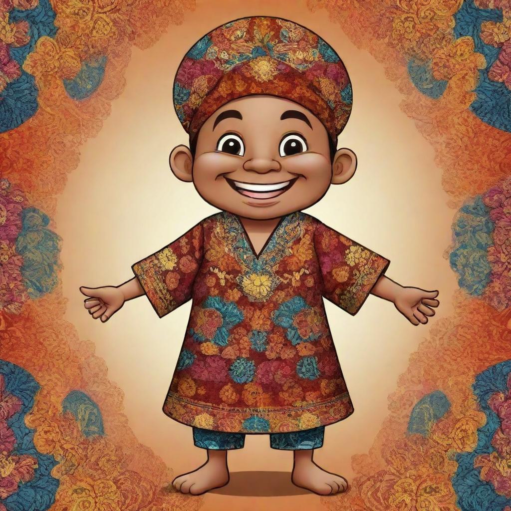 A 2D illustration of a cheerfully animated mascot wearing traditional Indonesian Batik clothing, rich with colourful and intricate patterns.