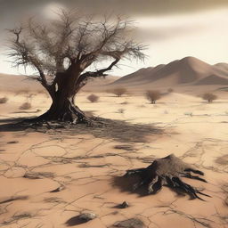 This is a high-quality digital art image depicting a desolate desert landscape with barren, cracked earth and sparse vegetation