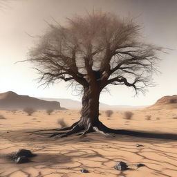 This is a high-quality digital art image depicting a desolate desert landscape with barren, cracked earth and sparse vegetation