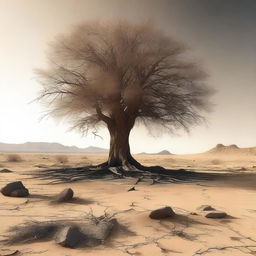 This is a high-quality digital art image depicting a desolate desert landscape with barren, cracked earth and sparse vegetation