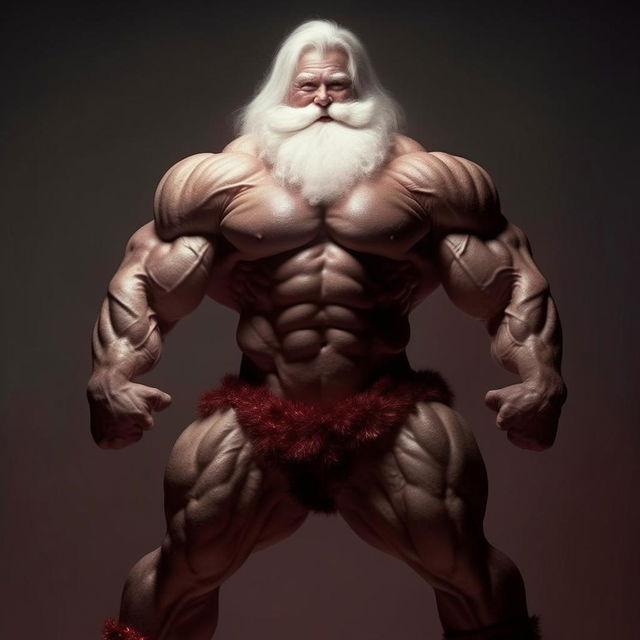 A supernatural Santa Claus showing off inhumanely large muscles, powered by the festive spirit, challenging the earthly limits of human physique.