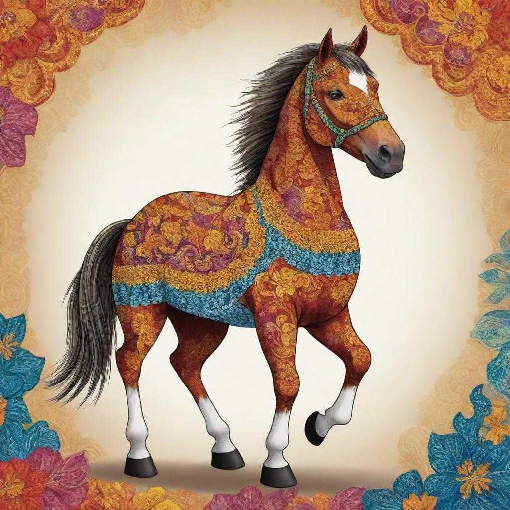 A two-dimensional illustration of a cheerful horse mascot donned in a colorful and intricate Indonesian Batik dress.