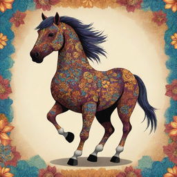 A two-dimensional illustration of a cheerful horse mascot donned in a colorful and intricate Indonesian Batik dress.