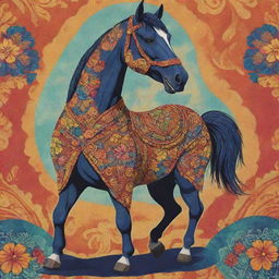 A two-dimensional illustration of a cheerful horse mascot donned in a colorful and intricate Indonesian Batik dress.