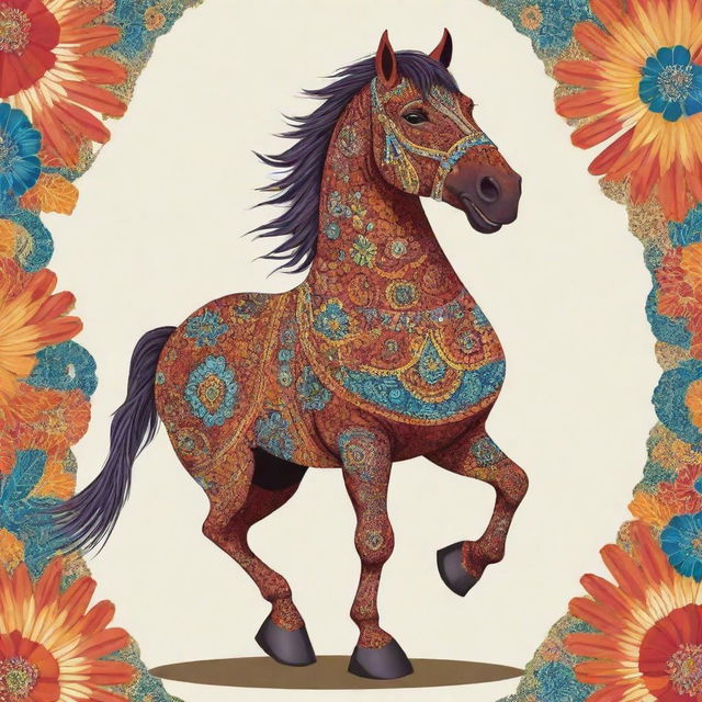 A two-dimensional illustration of a cheerful horse mascot donned in a colorful and intricate Indonesian Batik dress.