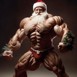 A supernatural Santa Claus showing off inhumanely large muscles, powered by the festive spirit, challenging the earthly limits of human physique.