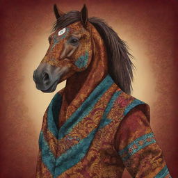 A 2D illustration of a human-horse hybrid mascot wearing traditional Indonesian Batik clothing, filled with rich colors and complex patterns.