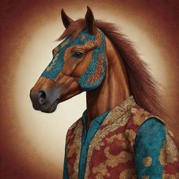 A 2D illustration of a human-horse hybrid mascot wearing traditional Indonesian Batik clothing, filled with rich colors and complex patterns.