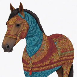 A 2D illustration of a human-horse hybrid mascot wearing traditional Indonesian Batik clothing, filled with rich colors and complex patterns.