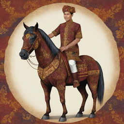 A 2D illustration of a human-horse hybrid mascot wearing traditional Indonesian Batik clothing, filled with rich colors and complex patterns.